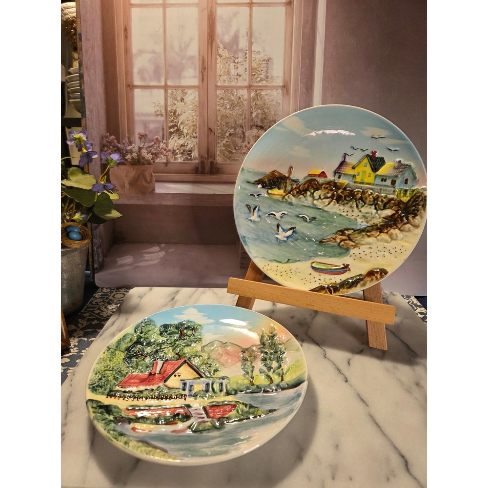 Vintage Made in Japan 3D Relief Decorative Wall Plates Coastal & Country Scenes